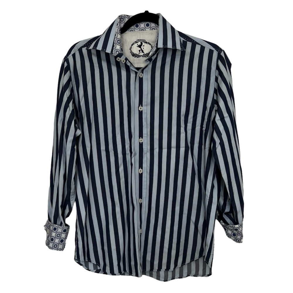 Bugatchi Men’s‎ Striped Long Sleeve Flip Cuff Button Up Shirt Blue Size Small
